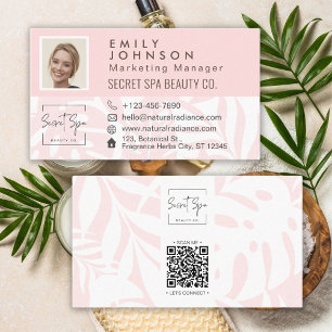 Carte De Visite Coral rose feuille tropicale Beauté & Spa Photo QR