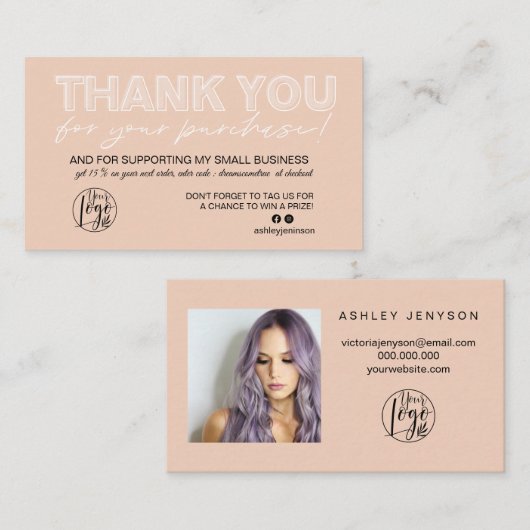 Carte De Visite Coral rose script photo logo commander merci (Devant / Derrière)