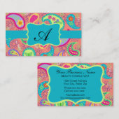 Carte De Visite Coral Turquoise Moderne Paisley Motif Monogramme (Devant / Derrière)