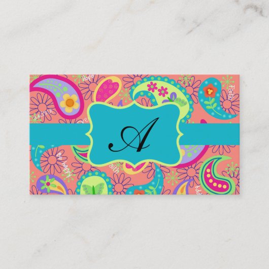 Carte De Visite Coral Turquoise Moderne Paisley Motif Monogramme (Devant)