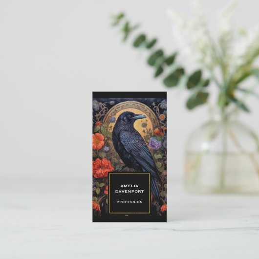 Carte De Visite Corbeau noir avec fleurs Design gothique (Debout devant)