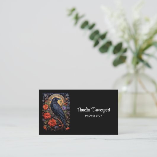 Carte De Visite Corbeau noir avec fleurs Design gothique (Debout devant)