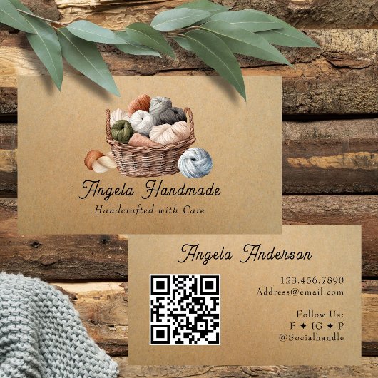 Carte De Visite Corbeille à tricot Code QR fait main