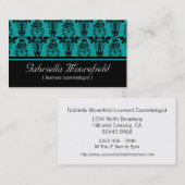 Carte De Visite Cosmetologist turquoise noir de damassé (Devant / Derrière)