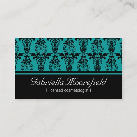 Carte De Visite Cosmetologist turquoise noir de damassé (Devant)