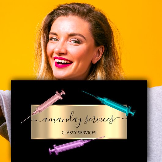 Carte De Visite Cosmetologue Syringe Botox B12 QRCode Black Gold