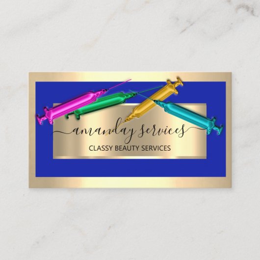 Carte De Visite Cosmetologue Syringe Botox B12 QRCode Bleu doré (Devant)