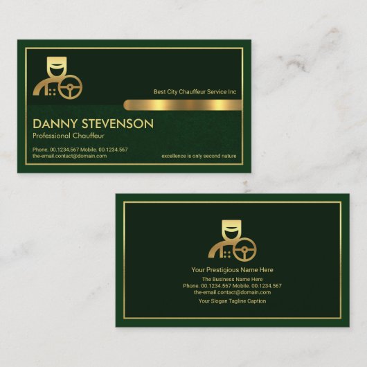 Carte De Visite Couche vert émeraude à cadre or spécial, Chauffeur (Devant / Derrière)