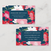 Carte De Visite Couleur Rouge Floral Motif Bleu (Devant / Derrière)