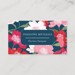 Carte De Visite Couleur Rouge Floral Motif Bleu