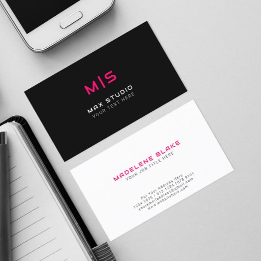 Carte De Visite Couleurs Néon Initiales sur Noir | Monogramme Rose