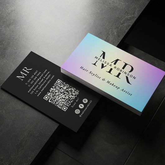 Carte De Visite Couleurs Vives Dégradé Ombré Monogramme & Code QR