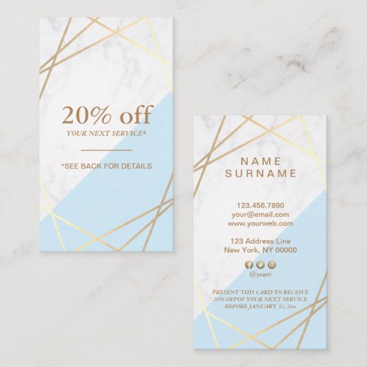 Carte De Visite Coupon bleu marbre d'or géométrique moderne vertic (Devant / Derrière)