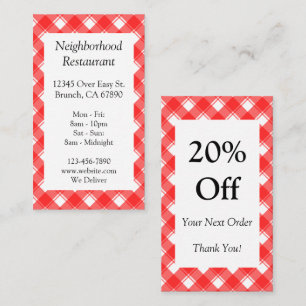 Carte De Visite Coupon de réduction à carreaux rouge et blanc pers