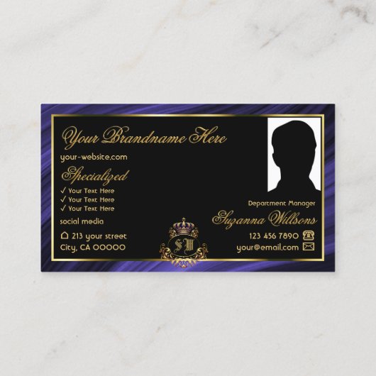 Carte De Visite Couronne d'or bleu royal opulente avec Monogramme  (Dos)