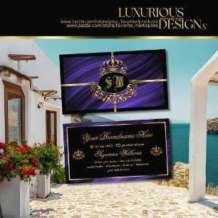 Carte De Visite Couronne d'or bleu royal opulente avec monogramme 