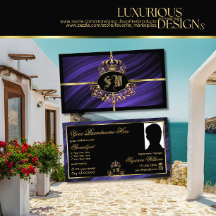 Carte De Visite Couronne d'or bleu royal opulente avec Monogramme 