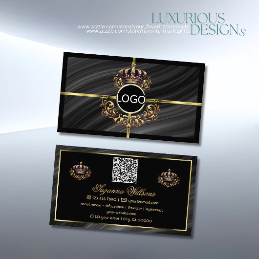 Carte De Visite Couronne royale d'or noir de luxe avec logo QR Cod