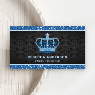Carte De Visite Couronne Royale Faux Paillettes Bleues Damassé Noi