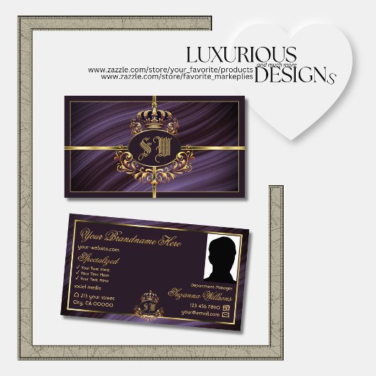 Carte De Visite Couronne royale violet or avec Monogramme Photo