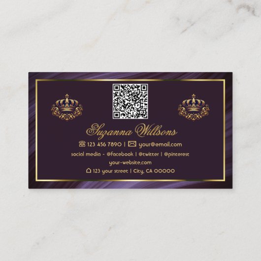 Carte De Visite Couronne royale violette avec QR Code Noble (Dos)