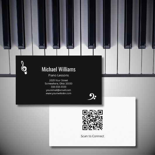 Carte De Visite Cours de musique piano code QR noir blanc