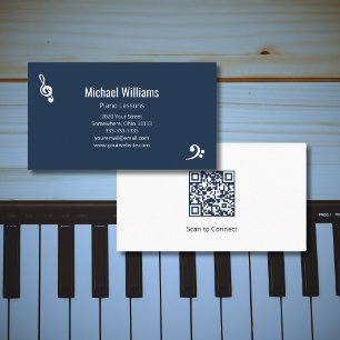 Carte De Visite Cours de piano musique QR code Marine Bleu