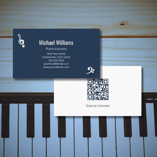 Carte De Visite Cours de piano musique QR code Marine Bleu