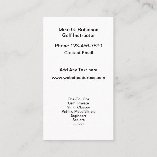 Carte De Visite Cours d'instructeur de golf (Dos)