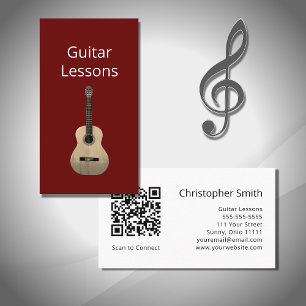 Carte De Visite Cours simples de guitare rouge code QR