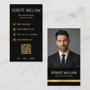 Carte De Visite Courtier Immobilier de Luxe QR Photo Noir Or