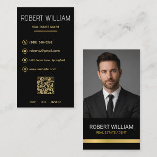 Carte De Visite Courtier Immobilier de Luxe QR Photo Noir Or