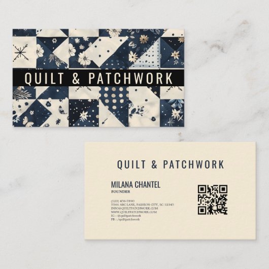 Carte De Visite Couverture en patchwork de couleur bleu marine et (Devant / Derrière)