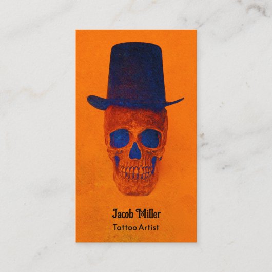Carte De Visite Crâne avec chapeau supérieur Brûlé Orange Bleu Tat (Devant)