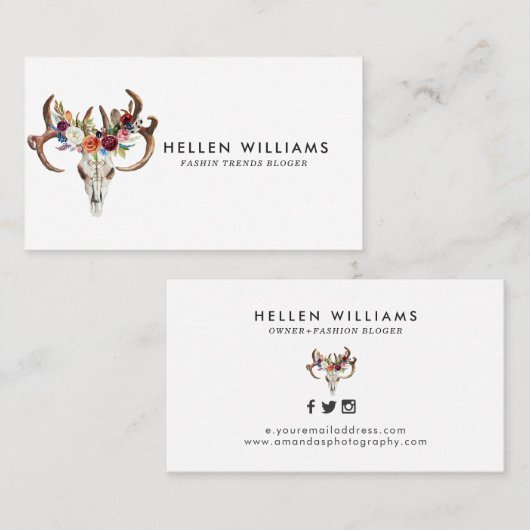 Carte De Visite Crâne et fleurs Boho (Devant / Derrière)