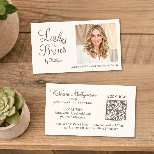 Carte De Visite Cream Photo Script QR Code Lashes and Brows