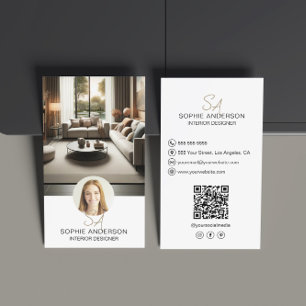 Carte De Visite Créateur d'intérieur Monogramme Photo QR Blanc