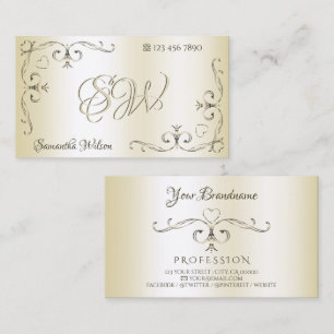 Carte De Visite Crème chatoyante Coins ornés Initiales Ornementale