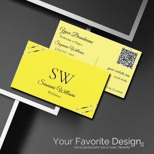 Carte De Visite Crème jaune avec code QR monogramme lignes argenté