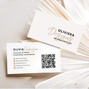 Carte De Visite Crème moderne élégante + Typographie jaune Code QR