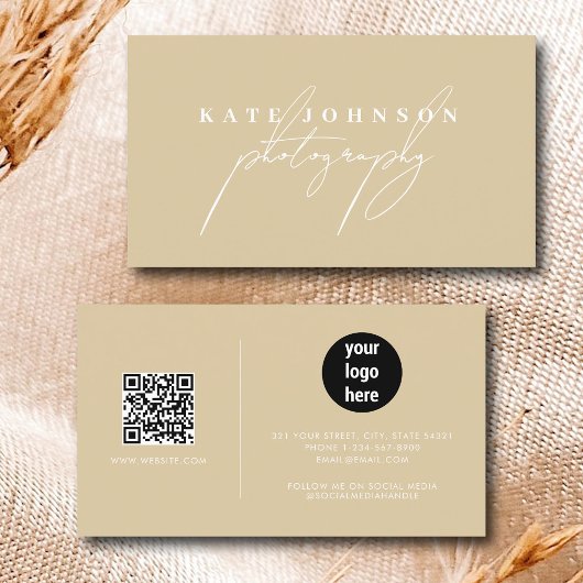 Carte De Visite Crème signature blanc Script QR Code Social Media