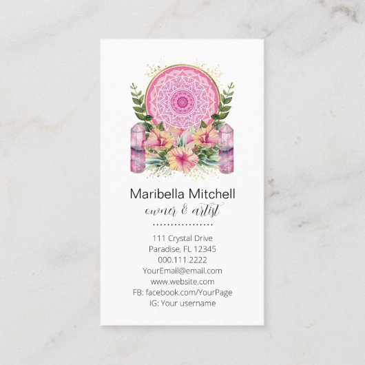Carte De Visite Cristaux Mandala rose Yoga Reiki Spa Merci (Dos)