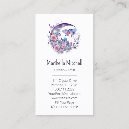 Carte De Visite Cristaux papillons Crescent Lune Fleurs pourpres (Dos)