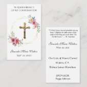 Carte De Visite Croix du souvenir de confirmation religieuse catho (Devant / Derrière)