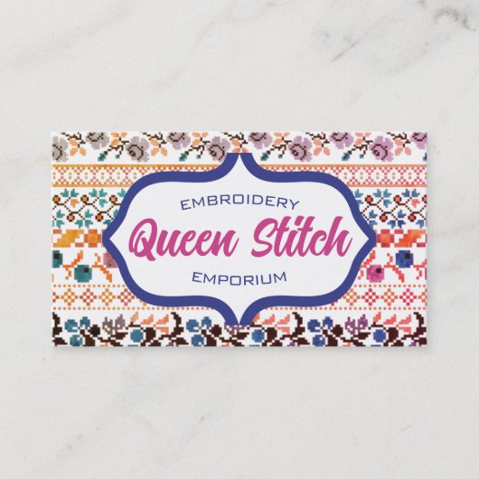 Carte De Visite Croix point pixel art broderie fleurs bleu (Devant)