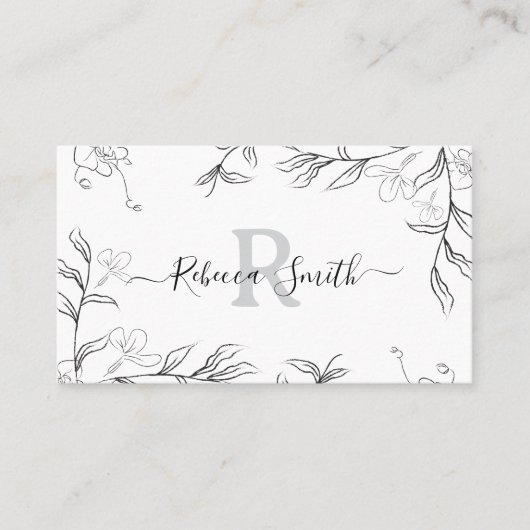 Carte De Visite Croquis féminin Gris Floral QR Code (Devant)