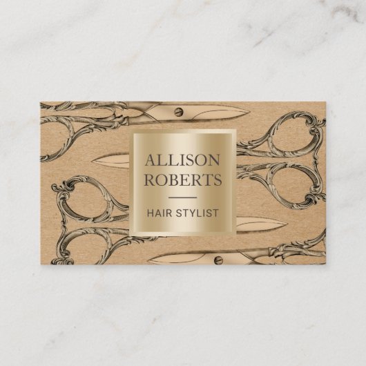 Carte De Visite Cru Papier d'emballage de ciseaux d'or de salon de (Devant)