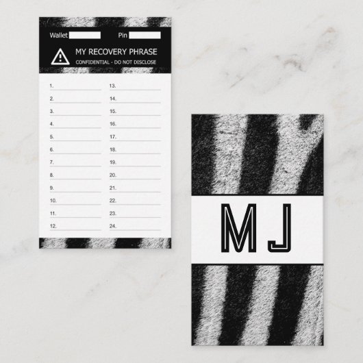Carte De Visite Crypto Wallet Zebra Recovery Seed Phrase 24 (Devant / Derrière)