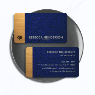 Carte De Visite Cuir Bleu Marine de Luxe Accent Or Monogramme