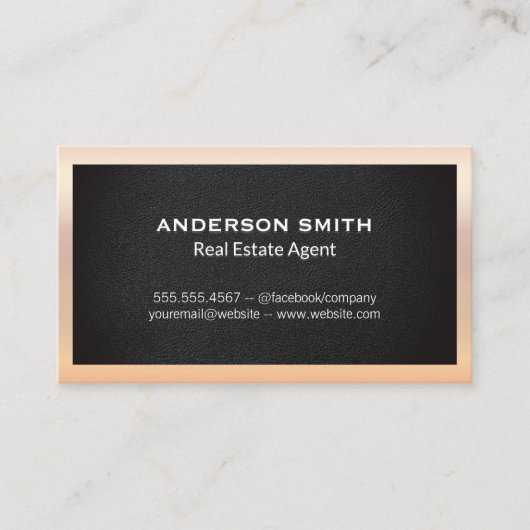 Carte De Visite Cuir | Bordure métal or Rose classique (Devant)